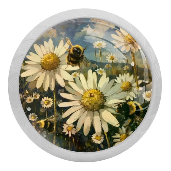 PhooArto Vintage Bees and Daisy Flowers 4 PCS Crystal Glass Cabinet Knobs, Drawer Kitchen Cabinets Dresser Cupboard Wardrobe Pulls Handle - Glowing in the Dark