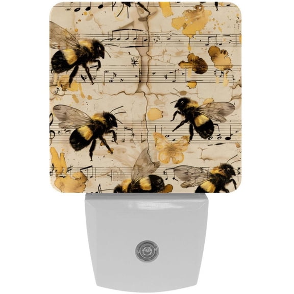 PhooArto Vintage Bees and Music Notes Pattern Plug in LED Night Light Auto Sensor Dusk to Dawn Decorative Night for Bedroom, Bathroom, Kitchen, Hallway, Stairs, Baby's Room, Energy Saving