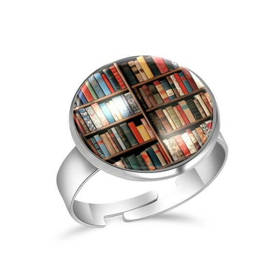 PhooArto Vintage Bookshelf Pattern Stainless Steel Rings for Women, Open Adjustable Ring Promise Ring Jewelry Gifts