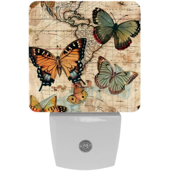 PhooArto Vintage Butterflies Maps Pattern Plug in LED Night Light Auto Sensor Dusk to Dawn Decorative Night for Bedroom, Bathroom, Kitchen, Hallway, Stairs, Baby's Room, Energy Saving