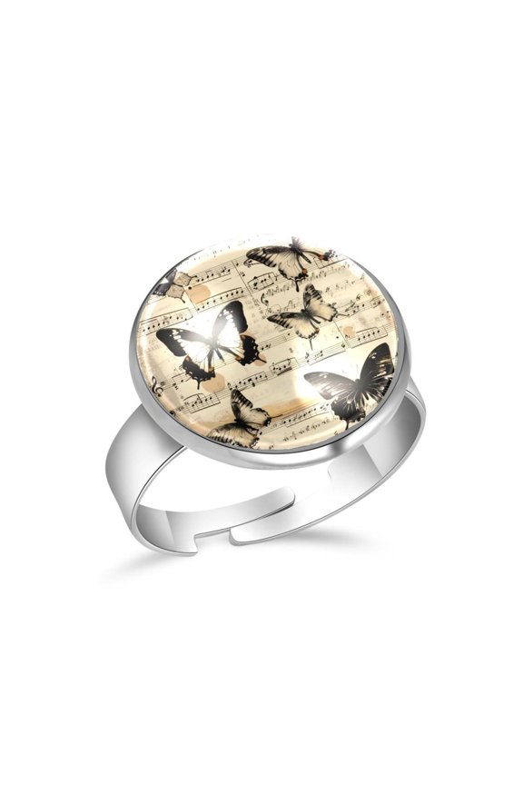 Vintage Butterflies and Music Notes Patterns Stainless Steel Rings for Women, Open Adjustable Ring Promise Ring Jewelry Gifts
