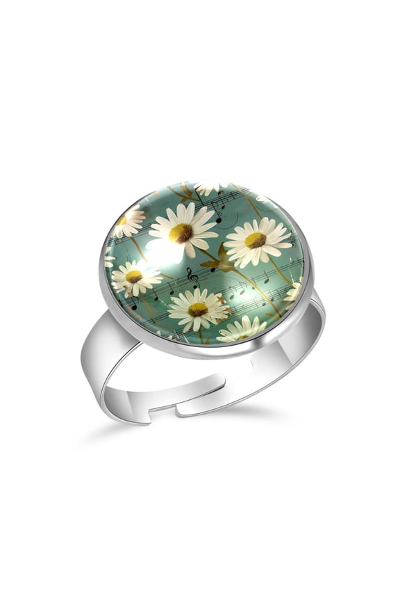 Vintage Daisy Music Notes Pattern Stainless Steel Rings for Women, Open Adjustable Ring Promise Ring Jewelry Gifts