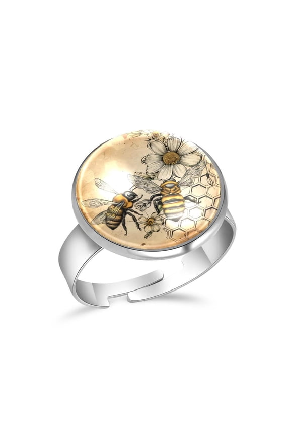 Vintage Flower Honey Bee Stainless Steel Rings for Women, Open Adjustable Ring Promise Ring Jewelry Gifts