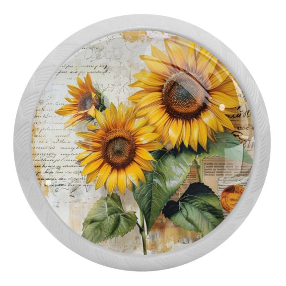 PhooArto Vintage Letters Sunflowers Painting 4 PCS Crystal Glass Cabinet Knobs, Drawer Kitchen Cabinets Dresser Cupboard Wardrobe Pulls Handle - Glowing in the Dark