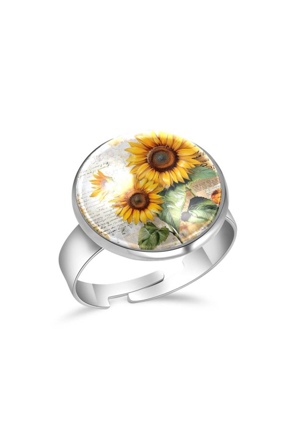 Vintage Letters Sunflowers Painting Stainless Steel Rings for Women, Open Adjustable Ring Promise Ring Jewelry Gifts