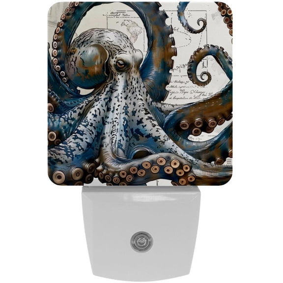 PhooArto Vintage Map Blue Octopus Painting Plug in LED Night Light Auto Sensor Dusk to Dawn Decorative Night for Bedroom, Bathroom, Kitchen, Hallway, Stairs, Baby's Room, Energy Saving