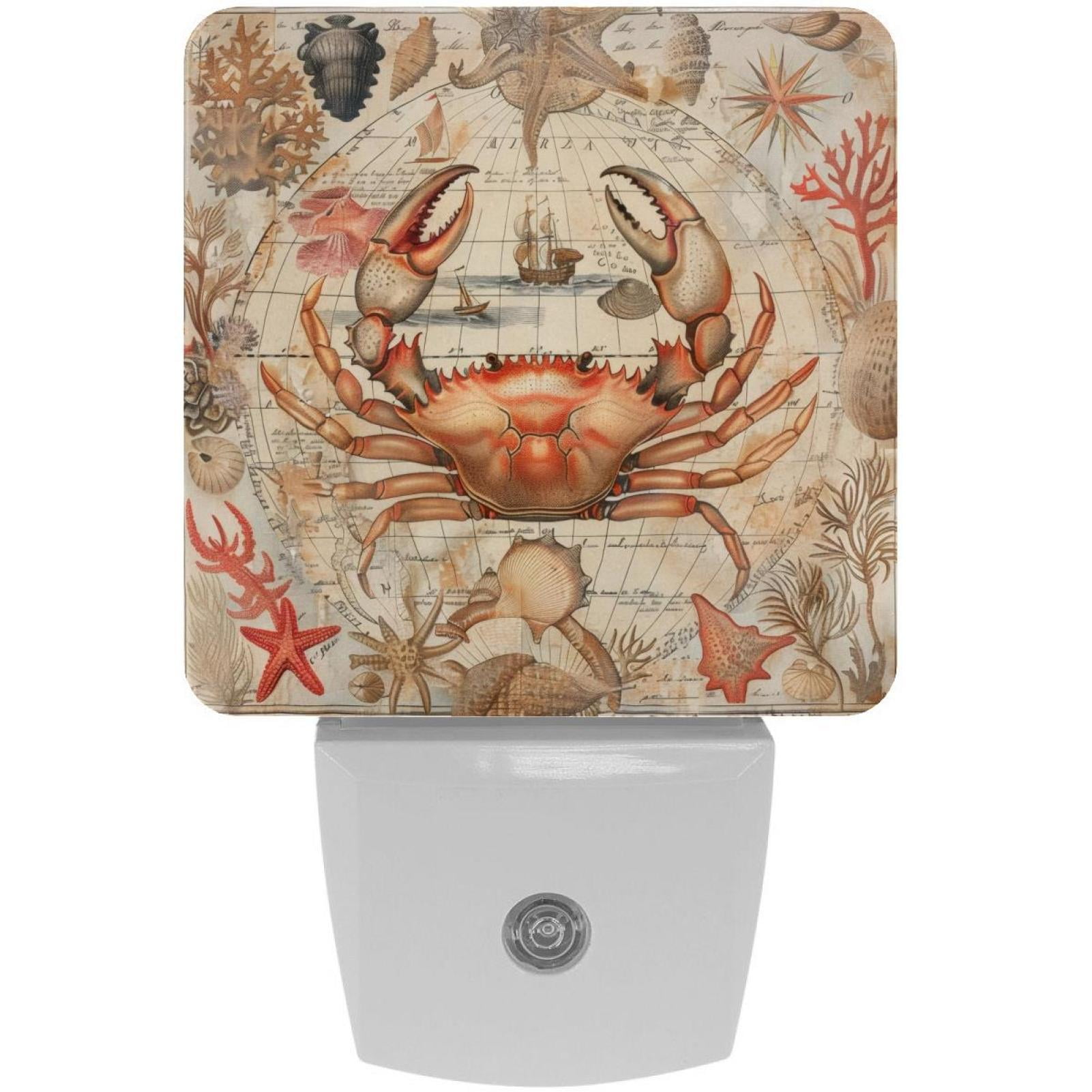PhooArto Vintage Map Crab Plug in LED Night Light Auto Sensor Dusk to Dawn Decorative Night for Bedroom, Bathroom, Kitchen, Hallway, Stairs, Baby's Room, Energy Saving