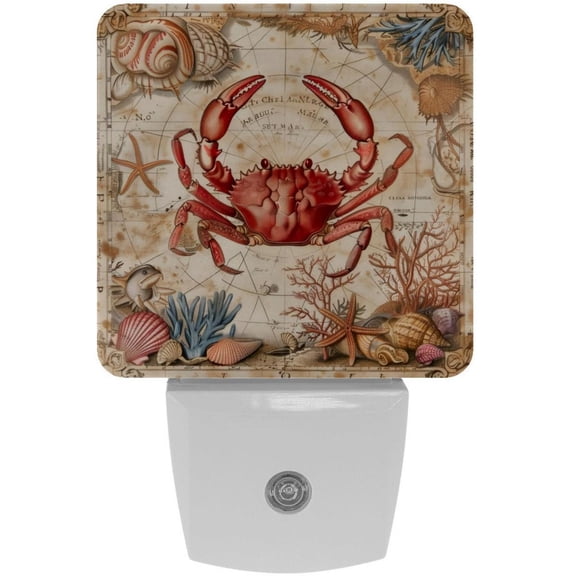 PhooArto Vintage Map Crab Seashells Plug in LED Night Light Auto Sensor Dusk to Dawn Decorative Night for Bedroom, Bathroom, Kitchen, Hallway, Stairs, Baby's Room, Energy Saving
