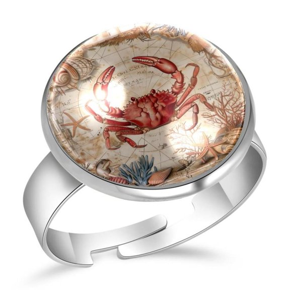 PhooArto Vintage Map Crab Seashells Stainless Steel Rings for Women, Open Adjustable Ring Promise Ring Jewelry Gifts