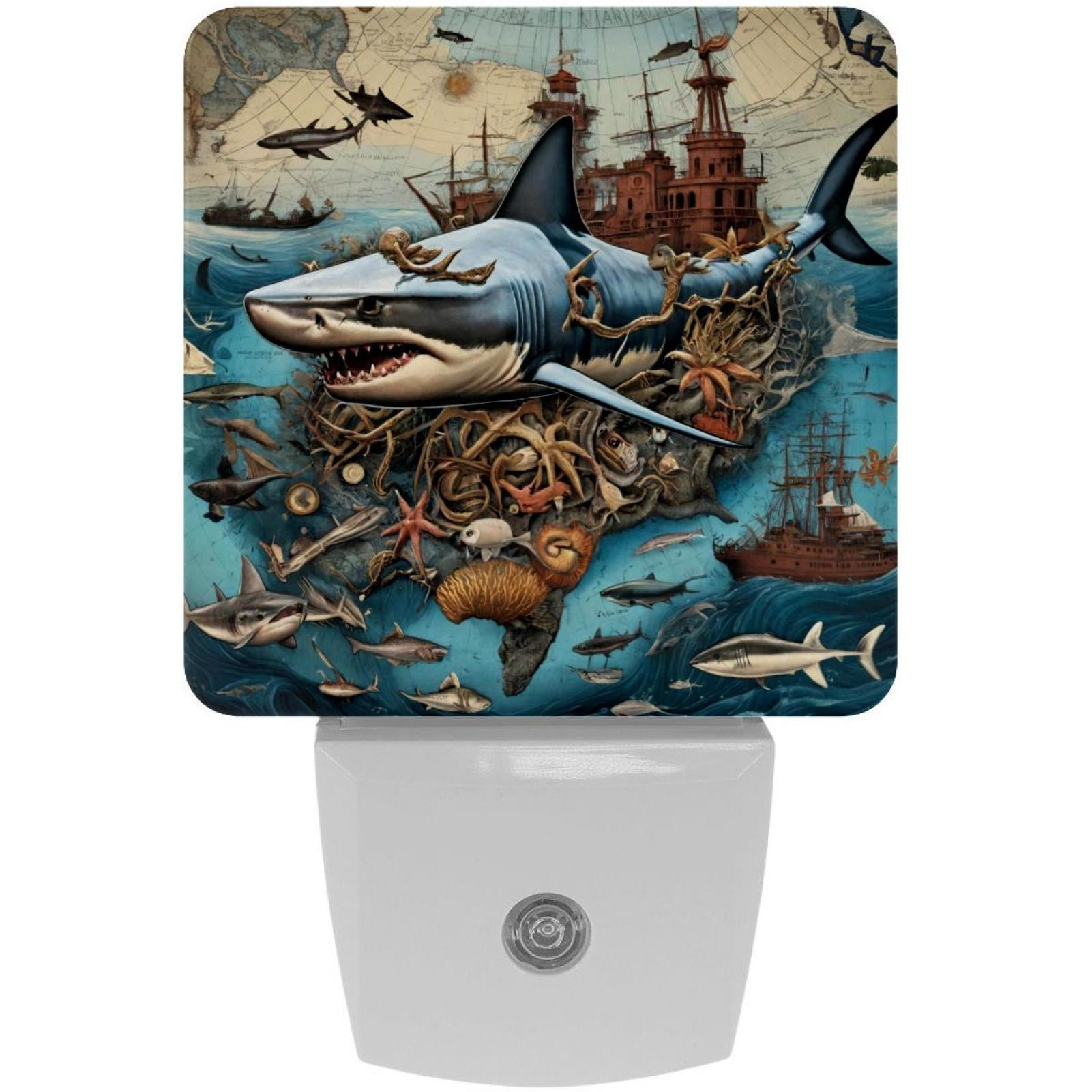 PhooArto Vintage Map Marine Shark Plug in LED Night Light Auto Sensor Dusk to Dawn Decorative Night for Bedroom, Bathroom, Kitchen, Hallway, Stairs, Baby's Room, Energy Saving