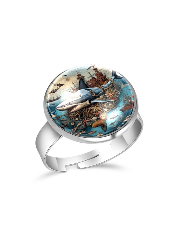 Vintage Map Marine Shark Stainless Steel Rings for Women, Open Adjustable Ring Promise Ring Jewelry Gifts