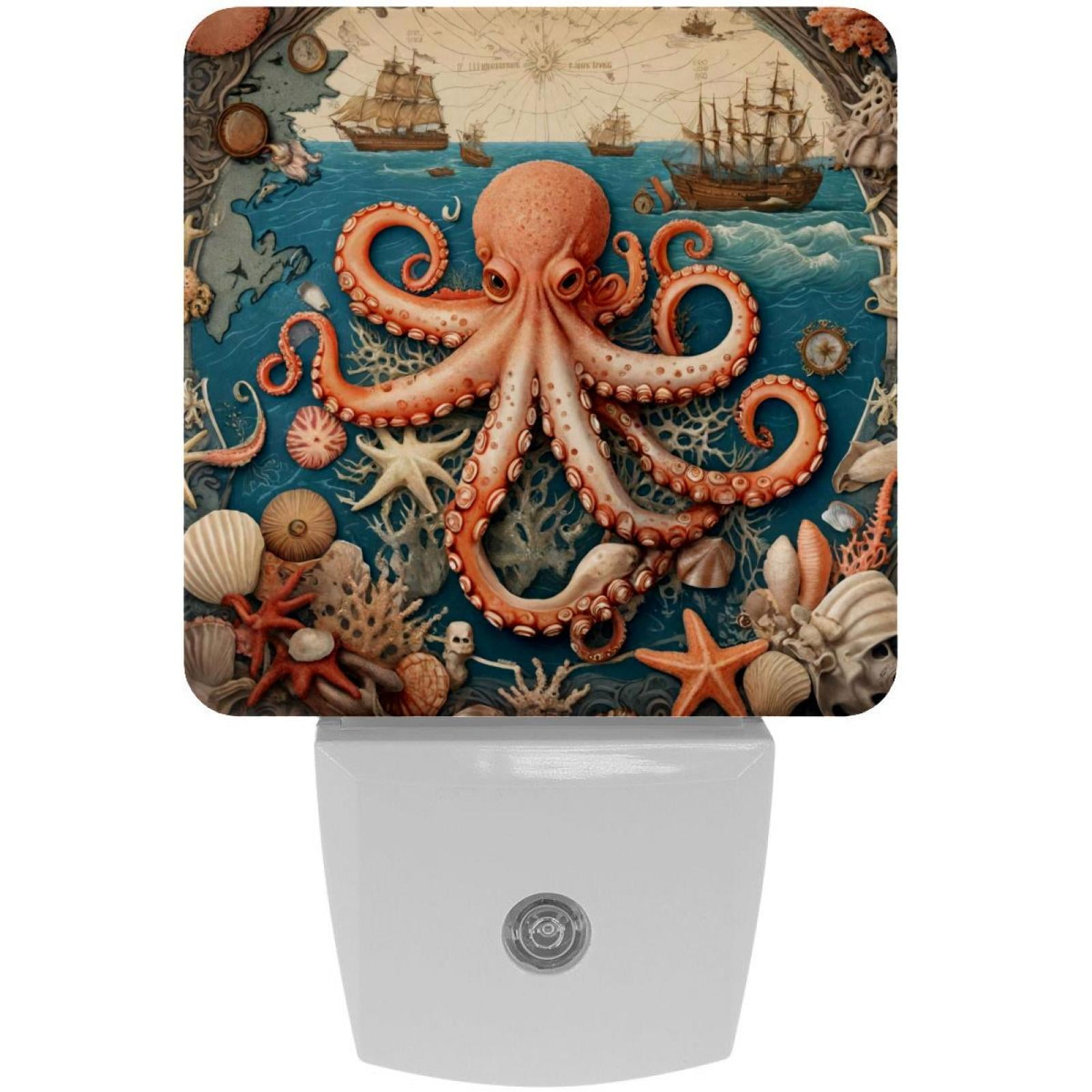 PhooArto Vintage Map Octopus Plug in LED Night Light Auto Sensor Dusk to Dawn Decorative Night for Bedroom, Bathroom, Kitchen, Hallway, Stairs, Baby's Room, Energy Saving
