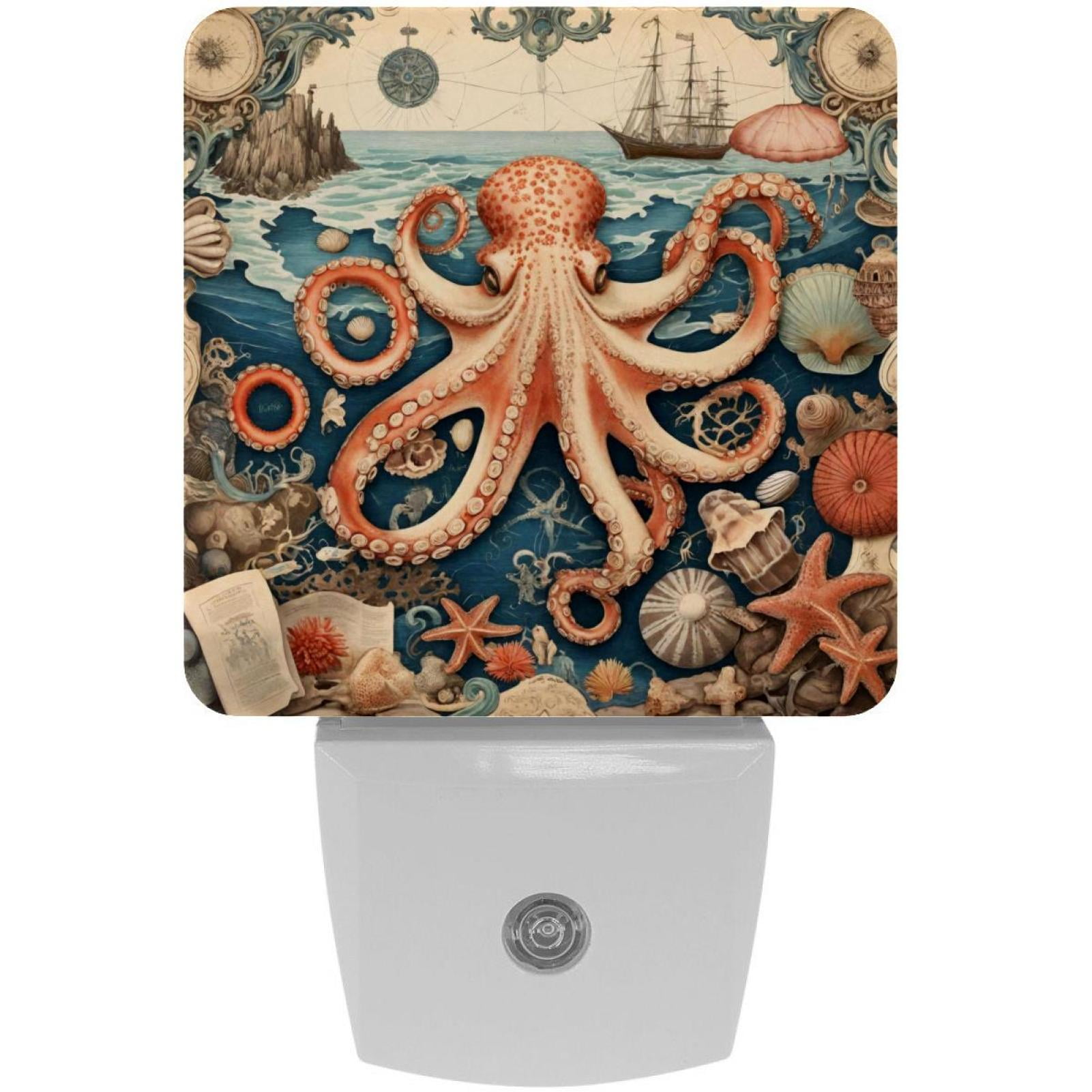 PhooArto Vintage Map Octopus Starfish Plug in LED Night Light Auto Sensor Dusk to Dawn Decorative Night for Bedroom, Bathroom, Kitchen, Hallway, Stairs, Baby's Room, Energy Saving