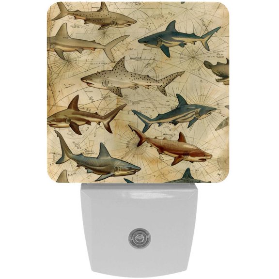 PhooArto Vintage Map Sea Shark Pattern Plug in LED Night Light Auto Sensor Dusk to Dawn Decorative Night for Bedroom, Bathroom, Kitchen, Hallway, Stairs, Baby's Room, Energy Saving