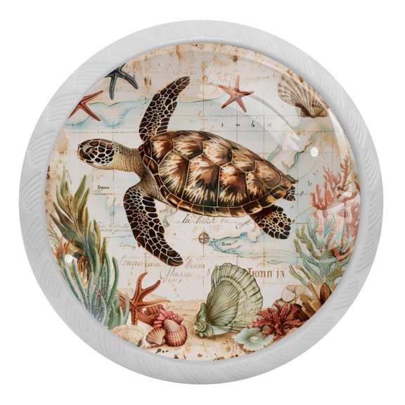 PhooArto Vintage Map Sea Turtle 4 PCS Crystal Glass Cabinet Knobs, Drawer Kitchen Cabinets Dresser Cupboard Wardrobe Pulls Handle - Glowing in the Dark