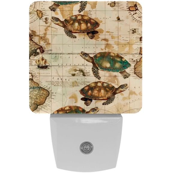 PhooArto Vintage Map and Turtles Patterns Plug in LED Night Light Auto Sensor Dusk to Dawn Decorative Night for Bedroom, Bathroom, Kitchen, Hallway, Stairs, Baby's Room, Energy Saving