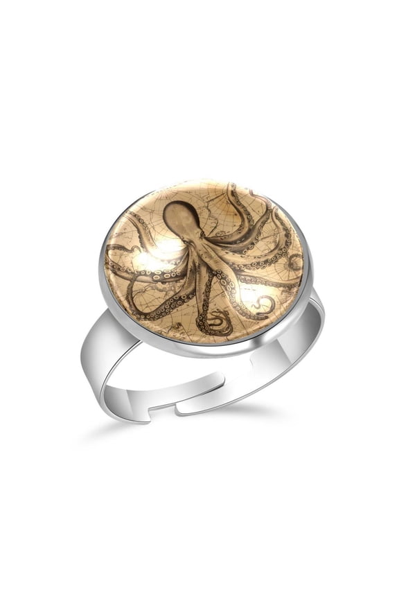 Vintage Map and Octopus Pattern Stainless Steel Rings for Women, Open Adjustable Ring Promise Ring Jewelry Gifts