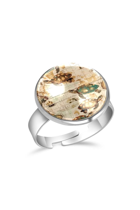Vintage Map and Turtles Patterns Stainless Steel Rings for Women, Open Adjustable Ring Promise Ring Jewelry Gifts