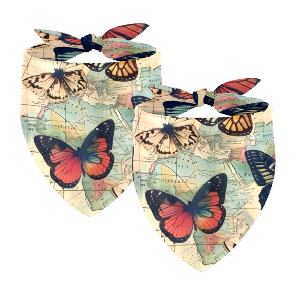 PhooArto Vintage Maps Butterflies Patterns Dog Bandanas, 2 Pack Soft Washable Pet Scarf Triangle for Large Dogs Puppies and Cats
