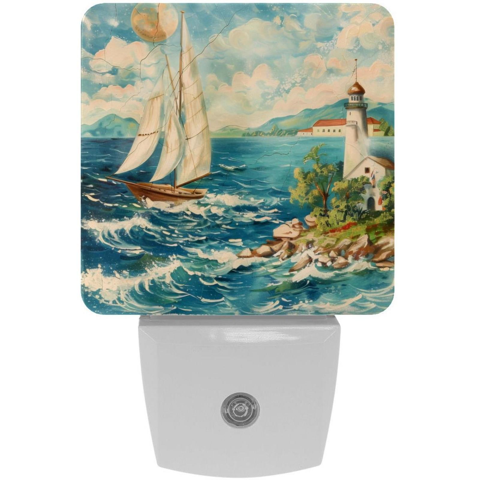PhooArto Vintage Marine Nautical Landscape Plug in LED Night Light Auto Sensor Dusk to Dawn Decorative Night for Bedroom, Bathroom, Kitchen, Hallway, Stairs, Baby's Room, Energy Saving