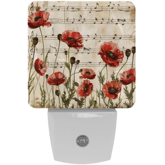 PhooArto Vintage Music Notes Poppy Flowers Pattern Plug in LED Night Light Auto Sensor Dusk to Dawn Decorative Night for Bedroom, Bathroom, Kitchen, Hallway, Stairs, Baby's Room, Energy Saving
