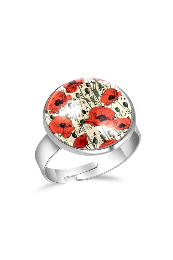 Vintage Music Notes Poppy Flowers Patterns Stainless Steel Rings for Women, Open Adjustable Ring Promise Ring Jewelry Gifts