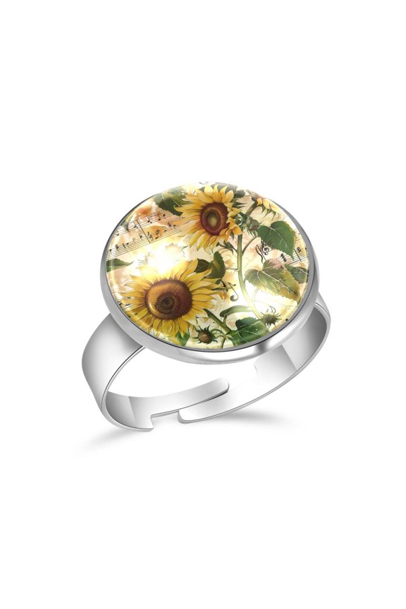 Vintage Music Notes Sunflowers Pattern Stainless Steel Rings for Women, Open Adjustable Ring Promise Ring Jewelry Gifts