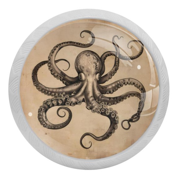 PhooArto Vintage Octopus Print 4 PCS Crystal Glass Cabinet Knobs, Drawer Kitchen Cabinets Dresser Cupboard Wardrobe Pulls Handle - Glowing in the Dark