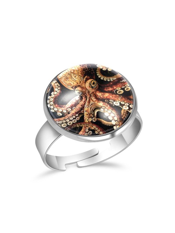 Vintage Octopus Tentacles Print Stainless Steel Rings for Women, Open Adjustable Ring Promise Ring Jewelry Gifts