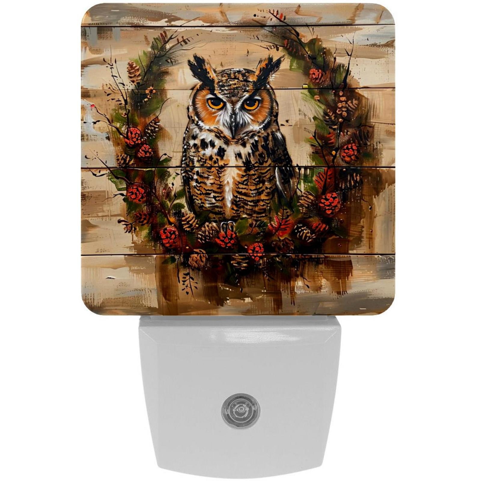 PhooArto Vintage Owl on Wood Plug in LED Night Light Auto Sensor Dusk to Dawn Decorative Night for Bedroom, Bathroom, Kitchen, Hallway, Stairs, Baby's Room, Energy Saving