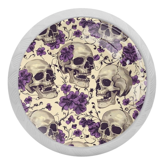 PhooArto Vintage Purple Flowers Skull 4 PCS Crystal Glass Cabinet Knobs, Drawer Kitchen Cabinets Dresser Cupboard Wardrobe Pulls Handle - Glowing in the Dark