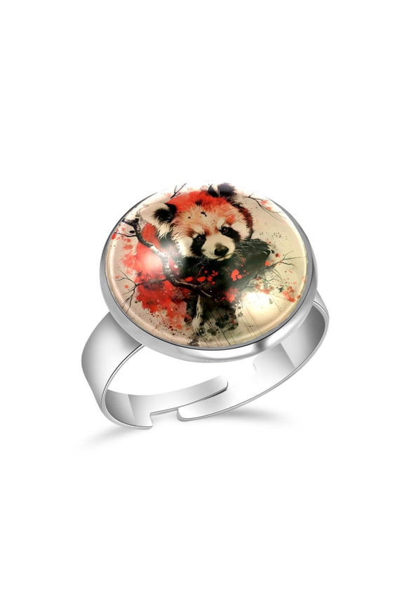 Vintage Red Panda Stainless Steel Rings for Women, Open Adjustable Ring Promise Ring Jewelry Gifts