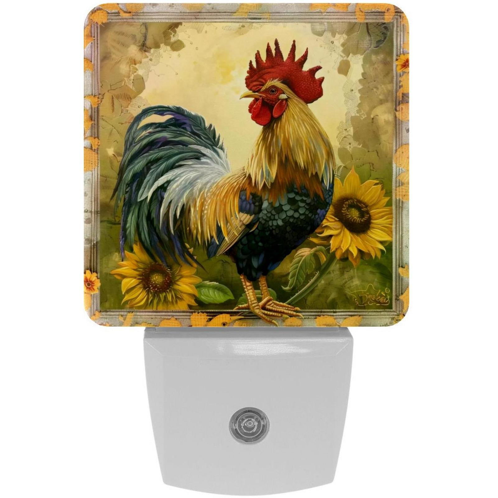 PhooArto Vintage Rooster Sunflower Art Pattern Plug in LED Night Light Auto Sensor Dusk to Dawn Decorative Night for Bedroom, Bathroom, Kitchen, Hallway, Stairs, Baby's Room, Energy Saving