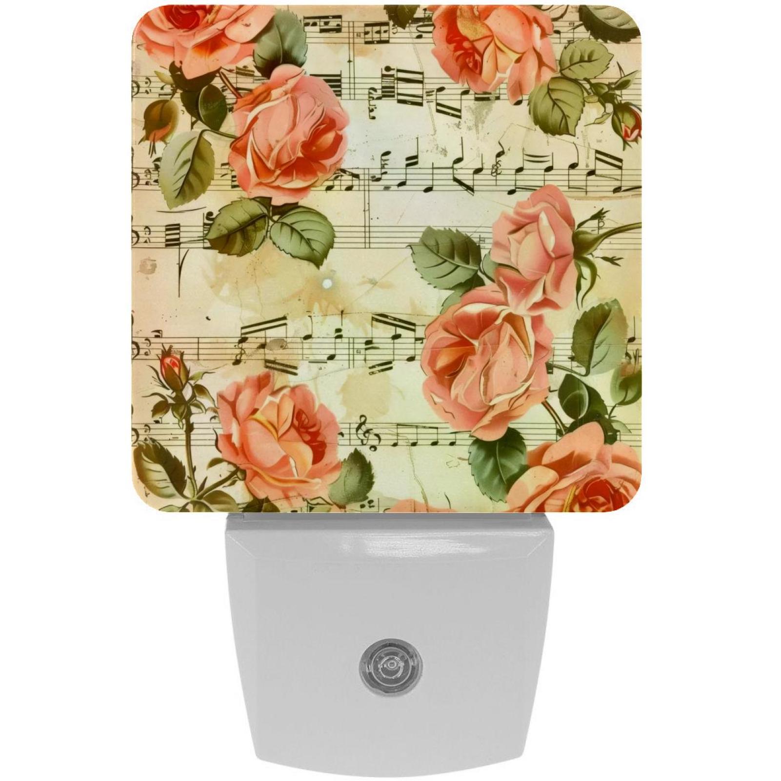 PhooArto Vintage Rose Flower and Music Notes Pattern Plug in LED Night Light Auto Sensor Dusk to Dawn Decorative Night for Bedroom, Bathroom, Kitchen, Hallway, Stairs, Baby's Room, Energy Saving