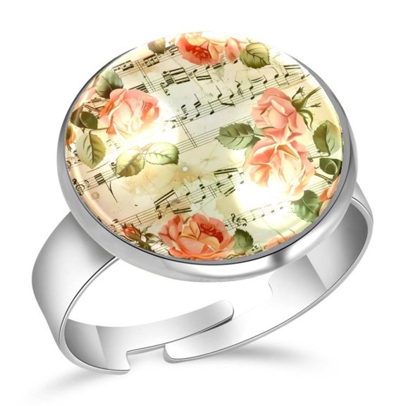 PhooArto Vintage Rose Flower and Music Notes Pattern Stainless Steel Rings for Women, Open Adjustable Ring Promise Ring Jewelry Gifts
