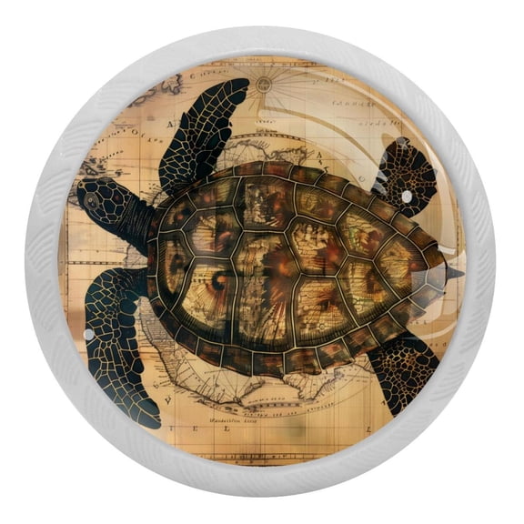PhooArto Vintage Sea Turtle and Map 4 PCS Crystal Glass Cabinet Knobs, Drawer Kitchen Cabinets Dresser Cupboard Wardrobe Pulls Handle - Glowing in the Dark