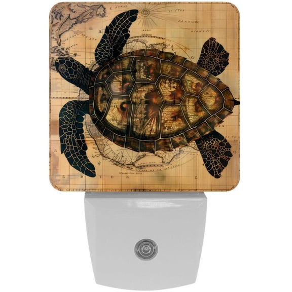 PhooArto Vintage Sea Turtle and Map Plug in LED Night Light Auto Sensor Dusk to Dawn Decorative Night for Bedroom, Bathroom, Kitchen, Hallway, Stairs, Baby's Room, Energy Saving