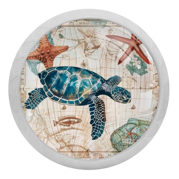 PhooArto Vintage Sea Turtle Starfish 4 PCS Crystal Glass Cabinet Knobs, Drawer Kitchen Cabinets Dresser Cupboard Wardrobe Pulls Handle - Glowing in the Dark