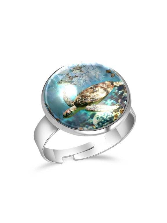 Vintage Sea Turtle Underwater Stainless Steel Rings for Women, Open Adjustable Ring Promise Ring Jewelry Gifts