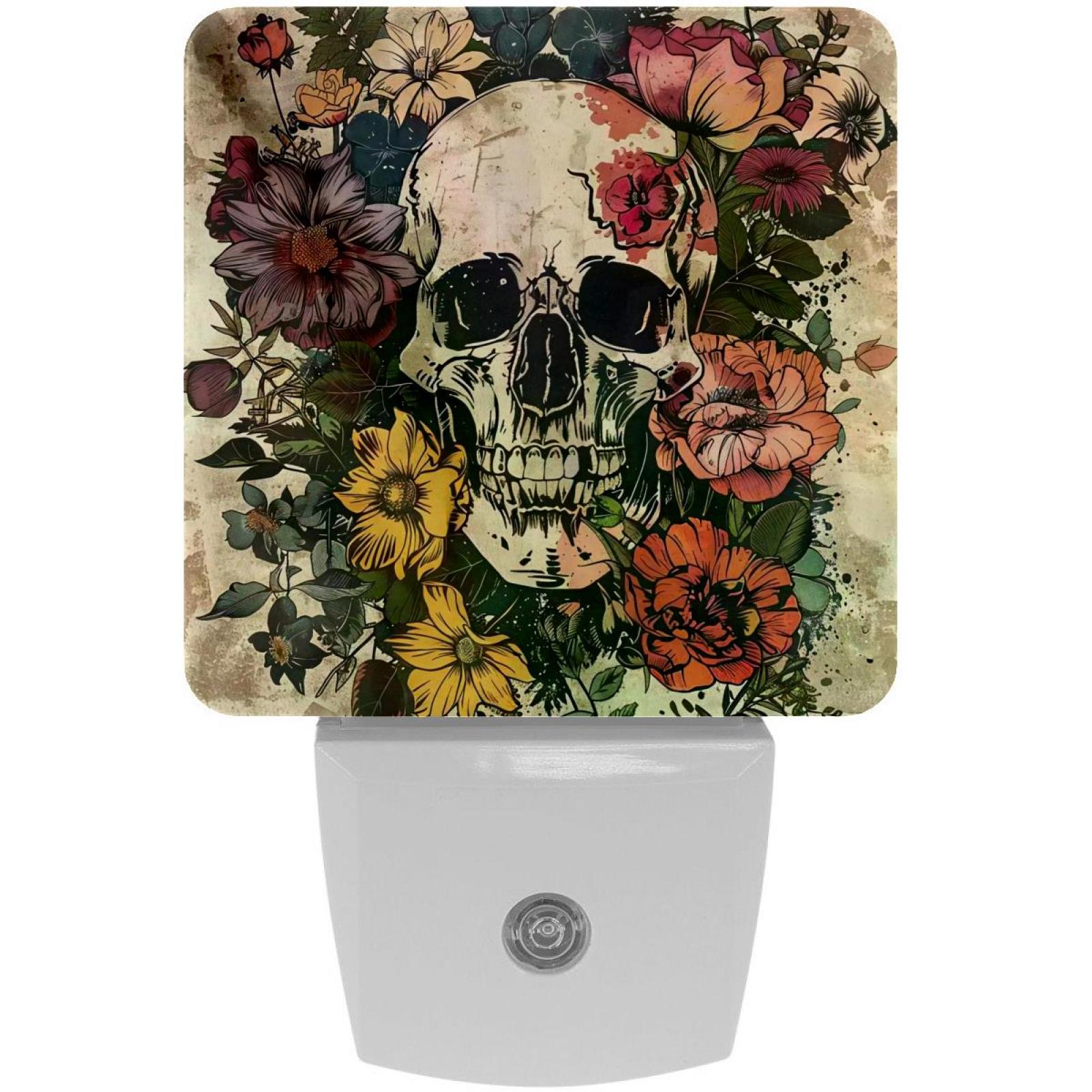 PhooArto Vintage Skull Flowers Plug in LED Night Light Auto Sensor Dusk to Dawn Decorative Night for Bedroom, Bathroom, Kitchen, Hallway, Stairs, Baby's Room, Energy Saving