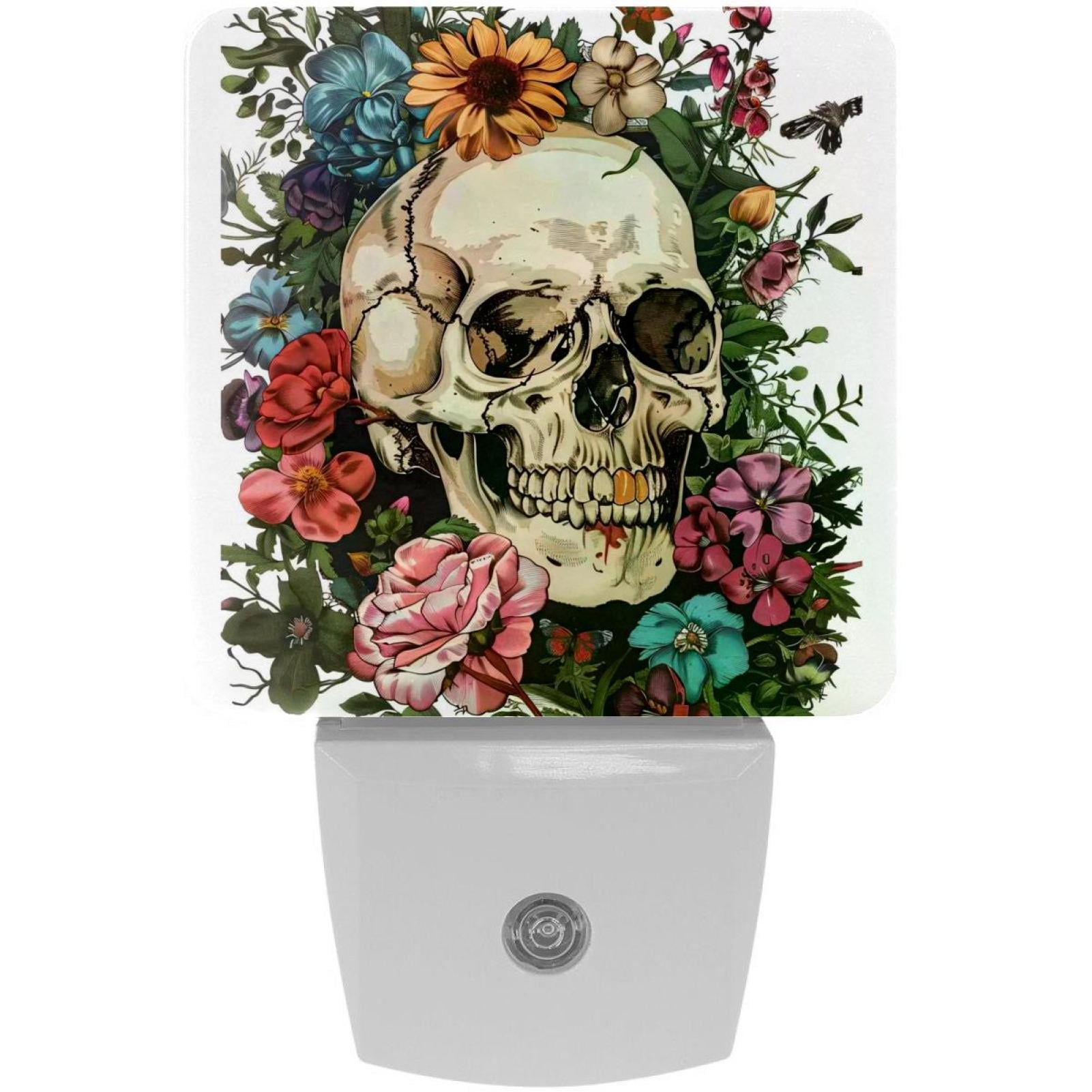 PhooArto Vintage Sugar Skull Flowers Plug in LED Night Light Auto Sensor Dusk to Dawn Decorative Night for Bedroom, Bathroom, Kitchen, Hallway, Stairs, Baby's Room, Energy Saving