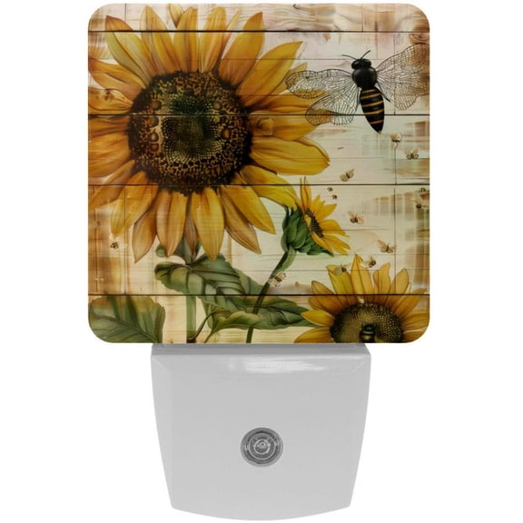 PhooArto Vintage Sunflower Bee on Rustic Wooden Plug in LED Night Light Auto Sensor Dusk to Dawn Decorative Night for Bedroom, Bathroom, Kitchen, Hallway, Stairs, Baby's Room, Energy Saving