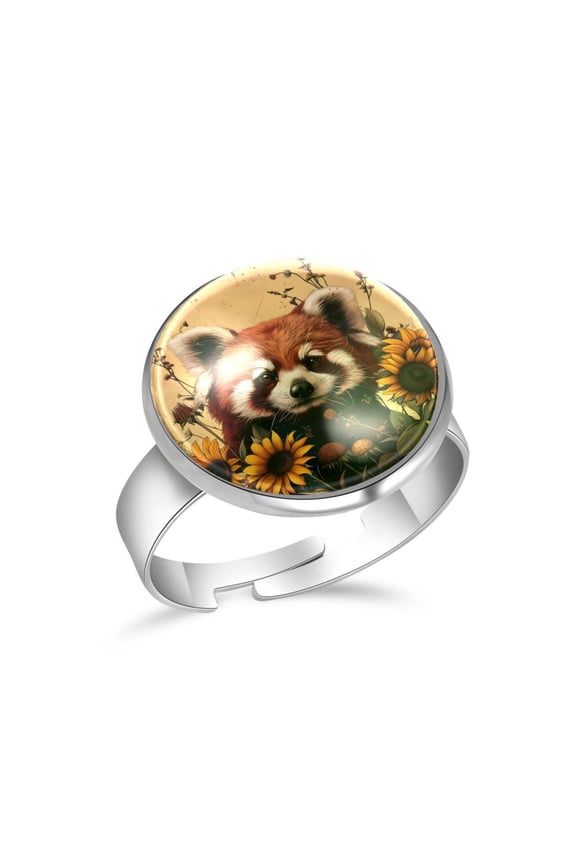 Vintage Sunflowers Red Panda Stainless Steel Rings for Women, Open Adjustable Ring Promise Ring Jewelry Gifts