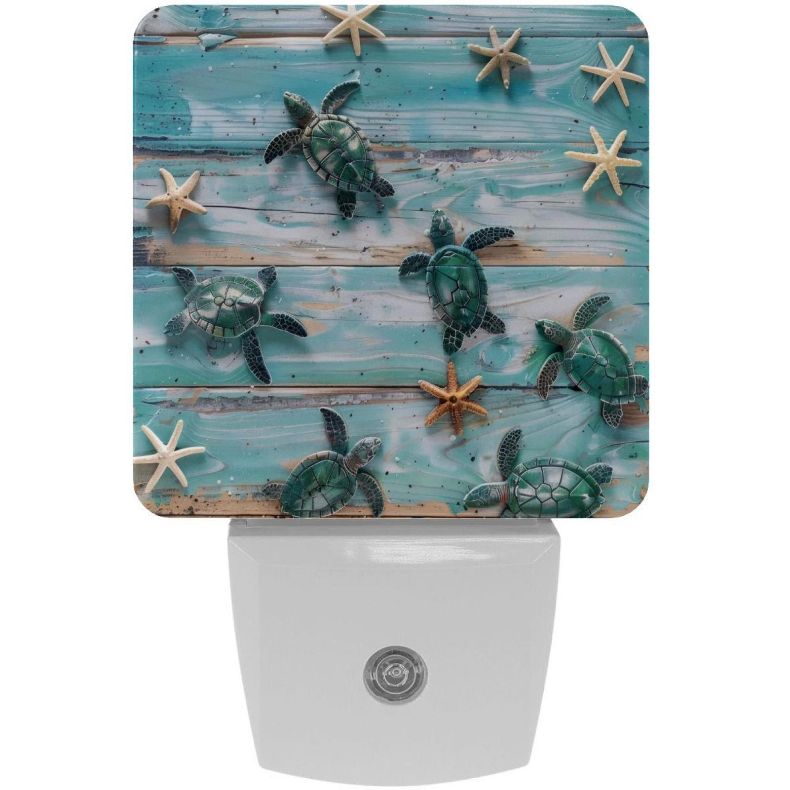 PhooArto Vintage Wooden Board Sea Shell Turtle Plug in LED Night Light Auto Sensor Dusk to Dawn Decorative Night for Bedroom, Bathroom, Kitchen, Hallway, Stairs, Baby's Room, Energy Saving