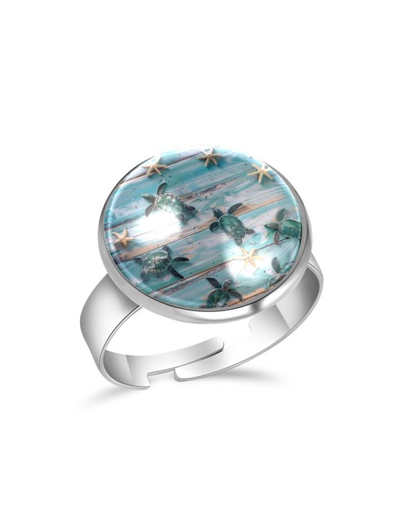Vintage Wooden Board Sea Shell Turtle Stainless Steel Rings for Women, Open Adjustable Ring Promise Ring Jewelry Gifts