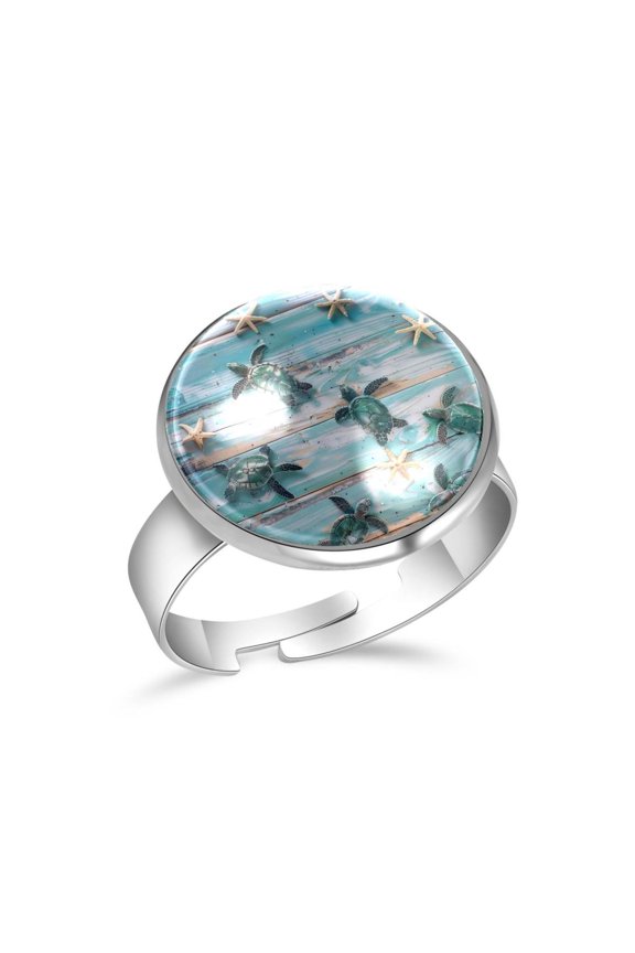 Vintage Wooden Board Sea Shell Turtle Stainless Steel Rings for Women, Open Adjustable Ring Promise Ring Jewelry Gifts