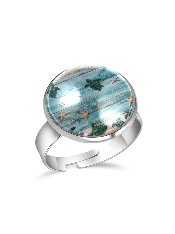 Vintage Wooden Sea Shell Turtle Stainless Steel Rings for Women, Open Adjustable Ring Promise Ring Jewelry Gifts