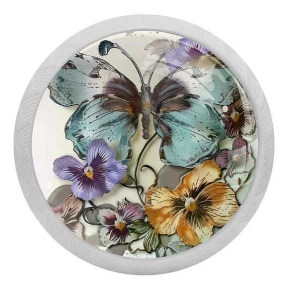 PhooArto Violets and Butterfly Floral 4 PCS Crystal Glass Cabinet Knobs, Drawer Kitchen Cabinets Dresser Cupboard Wardrobe Pulls Handle - Glowing in the Dark