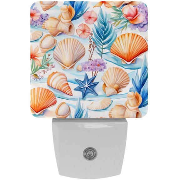 PhooArto Watercolor Beach Seashells Pattern Plug in LED Night Light Auto Sensor Dusk to Dawn Decorative Night for Bedroom, Bathroom, Kitchen, Hallway, Stairs, Baby's Room, Energy Saving