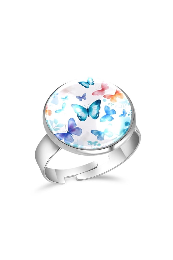 Watercolor Blue Butterflies Silhouette Stainless Steel Rings for Women, Open Adjustable Ring Promise Ring Jewelry Gifts